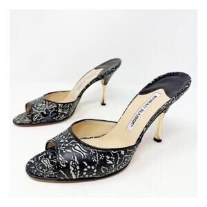 Manolo Blahnik Black Floral Print Mules Womens Size 37